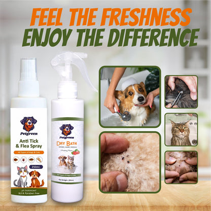 Petgreenn Dry Bath and Anti tick and flea Spray (Dog and Cats ) COMBOO